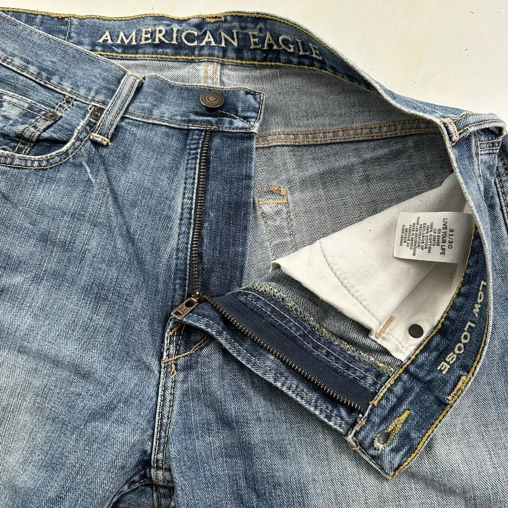 Y2K American Eagle‎ Mens Low Loose Jeans 31x30 Blue Light Wash Distressed Denim